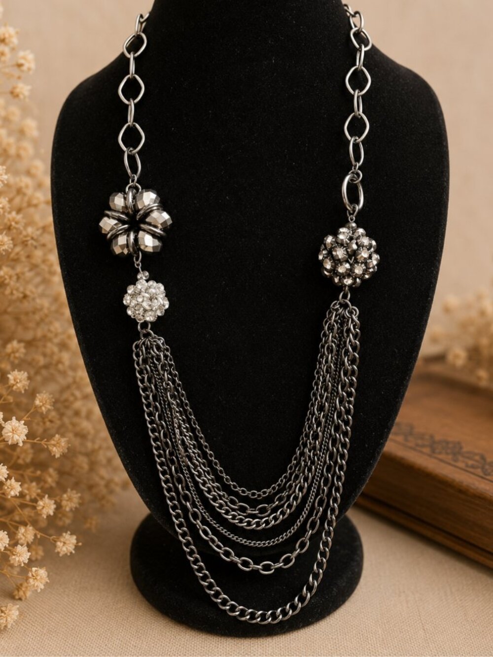 Vintage Gunmetal Layered Chain Statement Necklace with Crystal Floral Accents
